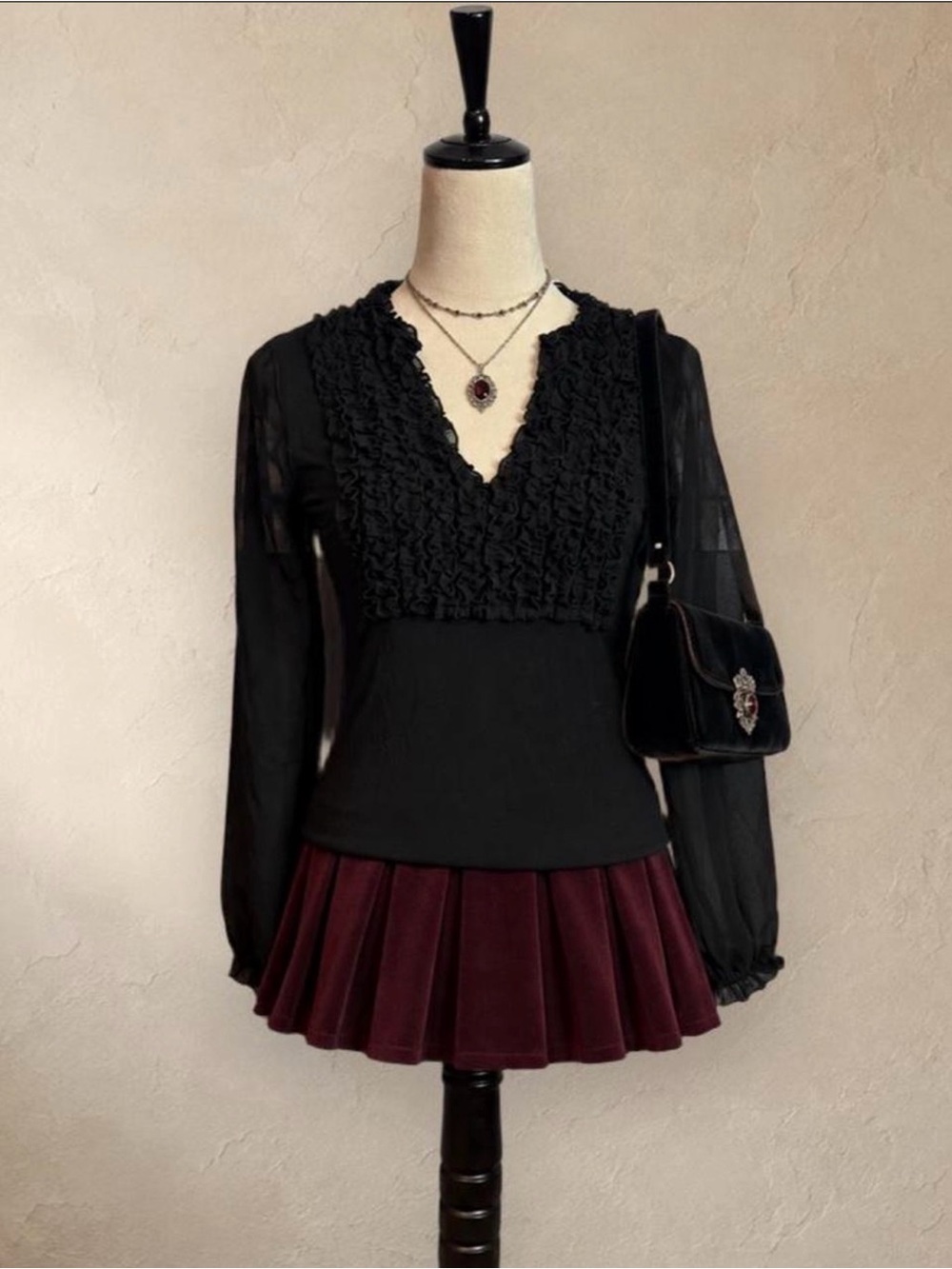 August Silk Options Black Ruffle V-Neck Sheer Sleeve Blouse S Romantic Goth